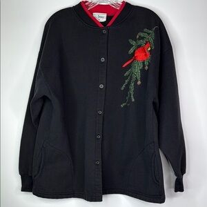 Vintage Artisans Cardinal Bird Black Button UP Sweatshirt Size XL 1996